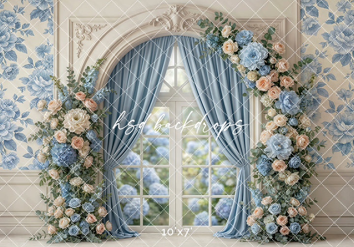 Blue Garden Window Floral Photography Backdrop – Romantic Spring Portrait Scene | HSD Backdrops