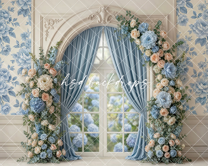 Blue Garden Window Floral Photography Backdrop – Romantic Spring Portrait Scene | HSD Backdrops