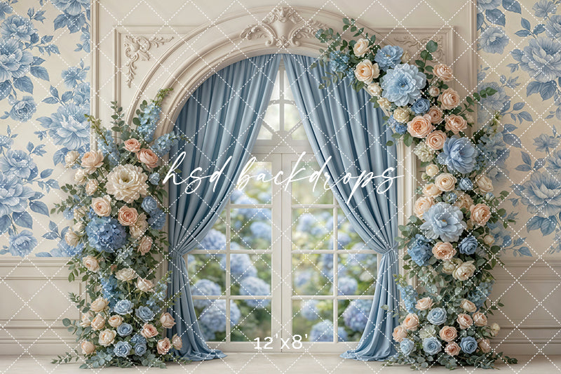 Blue Garden Window Floral Photography Backdrop – Romantic Spring Portrait Scene | HSD Backdrops