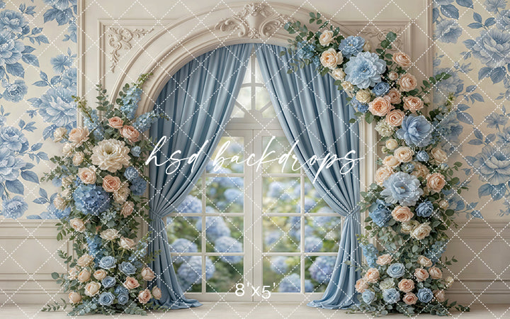 Blue Garden Window Floral Photography Backdrop – Romantic Spring Portrait Scene | HSD Backdrops