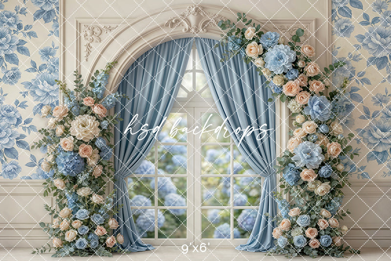 Blue Garden Window Floral Photography Backdrop – Romantic Spring Portrait Scene | HSD Backdrops