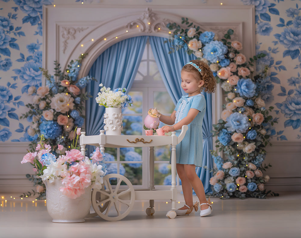 Blue Garden Window Floral Photography Backdrop – Romantic Spring Portrait Scene | HSD Backdrops