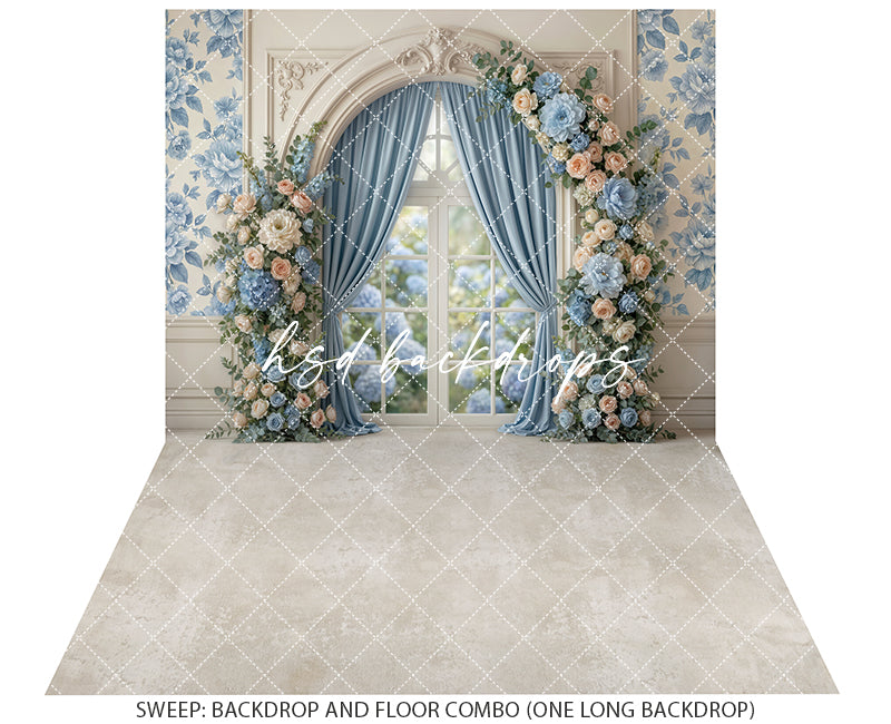 Blue Garden Window Floral Photography Backdrop – Romantic Spring Portrait Scene | HSD Backdrops