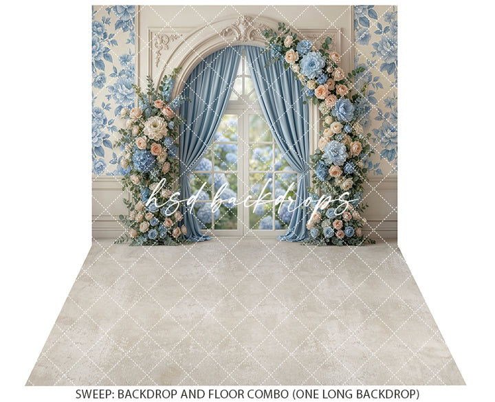 Blue Garden Window Floral Photography Backdrop – Romantic Spring Portrait Scene | HSD Backdrops