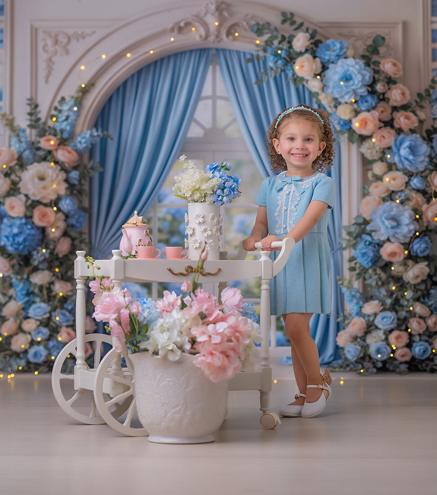 Blue Garden Window Floral Photography Backdrop – Romantic Spring Portrait Scene | HSD Backdrops