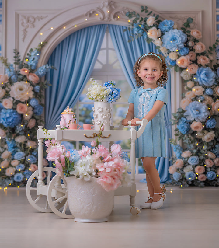 Blue Garden Window Floral Photography Backdrop – Romantic Spring Portrait Scene | HSD Backdrops