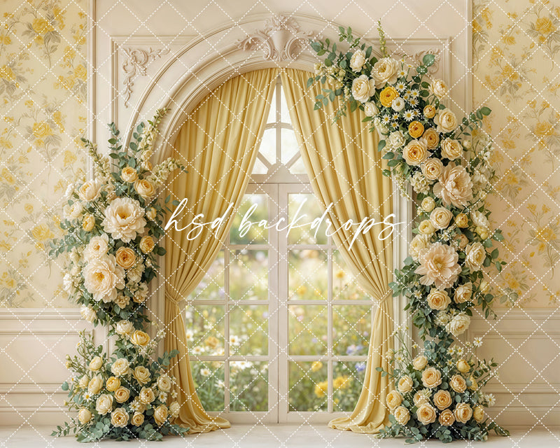Golden Garden Window Floral Photography Backdrop – Romantic Spring Portrait Scene | HSD Backdrops
