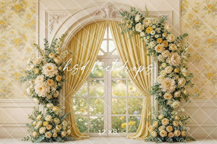 Golden Garden Window Floral Photography Backdrop – Romantic Spring Portrait Scene | HSD Backdrops