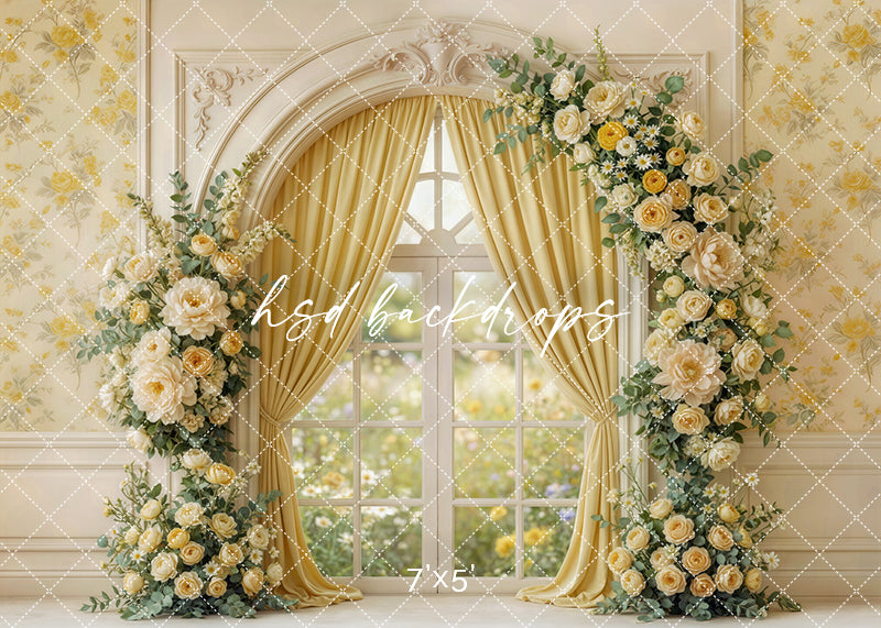 Golden garden window floral photography backdrop with yellow roses, cream florals, and warm golden drapery for Mother’s Day portraits.