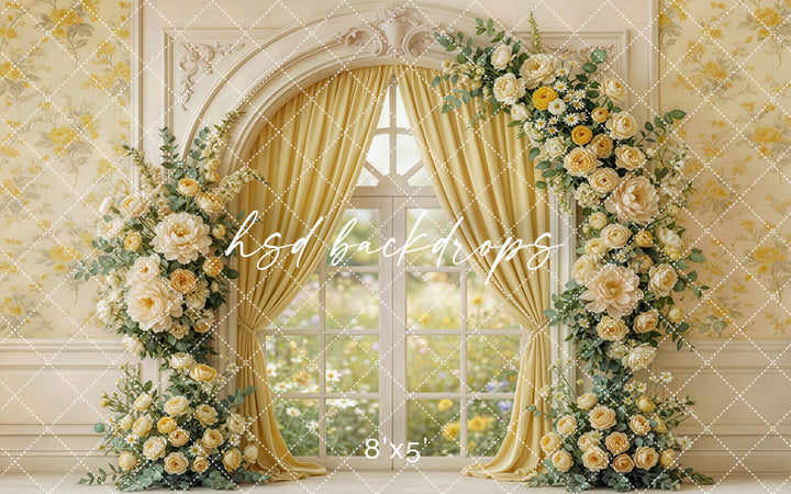 Golden Garden Window Floral Photography Backdrop – Romantic Spring Portrait Scene | HSD Backdrops
