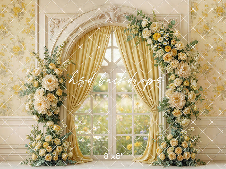 Golden Garden Window Floral Photography Backdrop – Romantic Spring Portrait Scene | HSD Backdrops