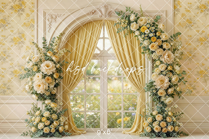 Golden Garden Window Floral Photography Backdrop – Romantic Spring Portrait Scene | HSD Backdrops
