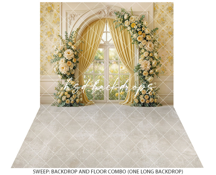 Golden Garden Window Floral Photography Backdrop – Romantic Spring Portrait Scene | HSD Backdrops