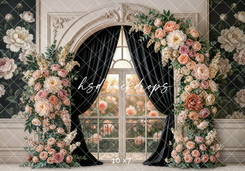 Black Velvet Garden Window Floral Photography Backdrop – Elegant Romantic Portrait Scene | HSD Backdrops