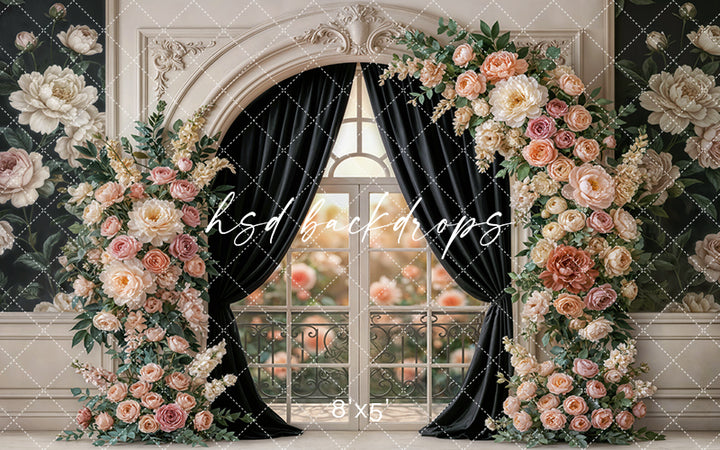 Black Velvet Garden Window Floral Photography Backdrop – Elegant Romantic Portrait Scene | HSD Backdrops