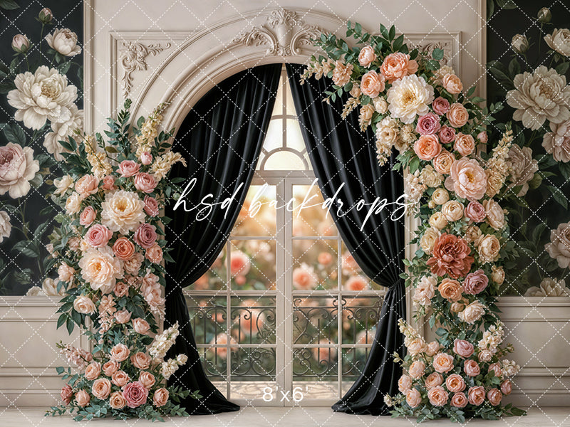 Black Velvet Garden Window Floral Photography Backdrop – Elegant Romantic Portrait Scene | HSD Backdrops