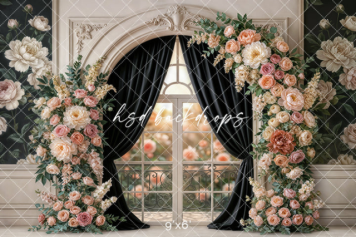 Black Velvet Garden Window Floral Photography Backdrop – Elegant Romantic Portrait Scene | HSD Backdrops