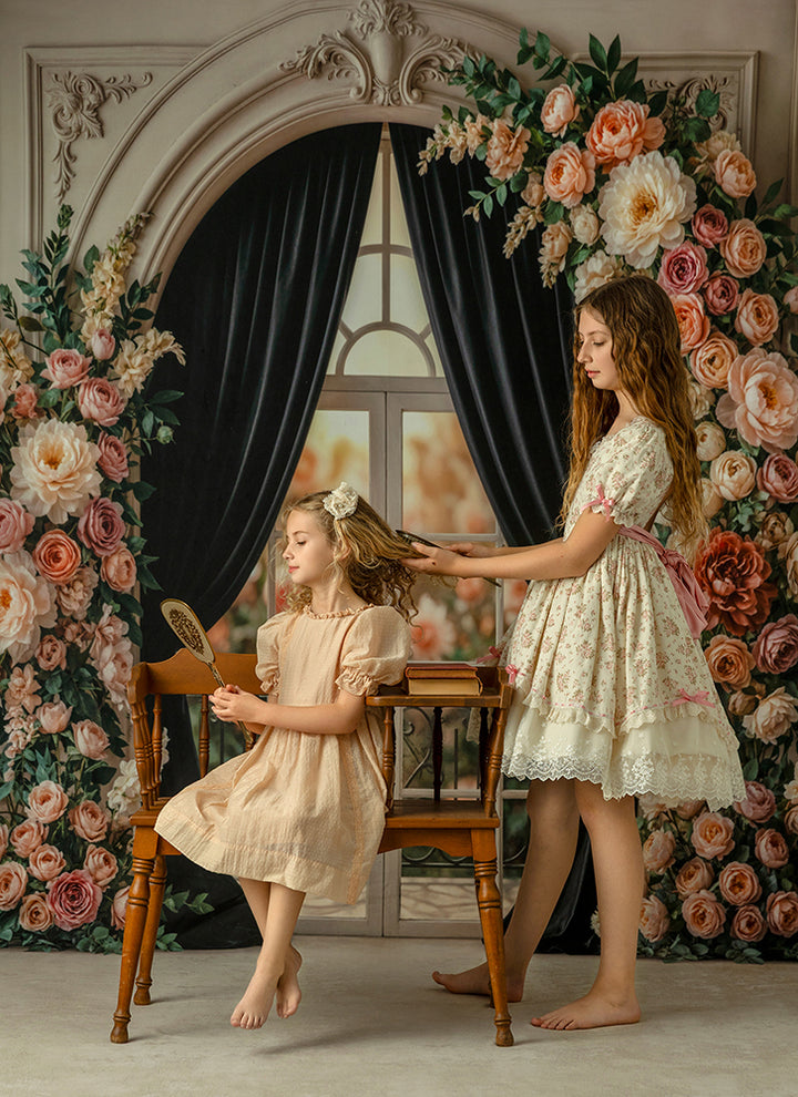 Black Velvet Garden Window Floral Photography Backdrop – Elegant Romantic Portrait Scene | HSD Backdrops