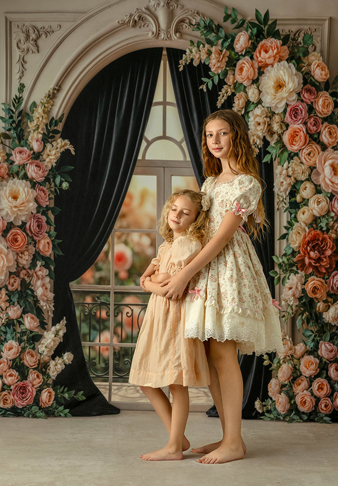 Black Velvet Garden Window Floral Photography Backdrop – Elegant Romantic Portrait Scene | HSD Backdrops