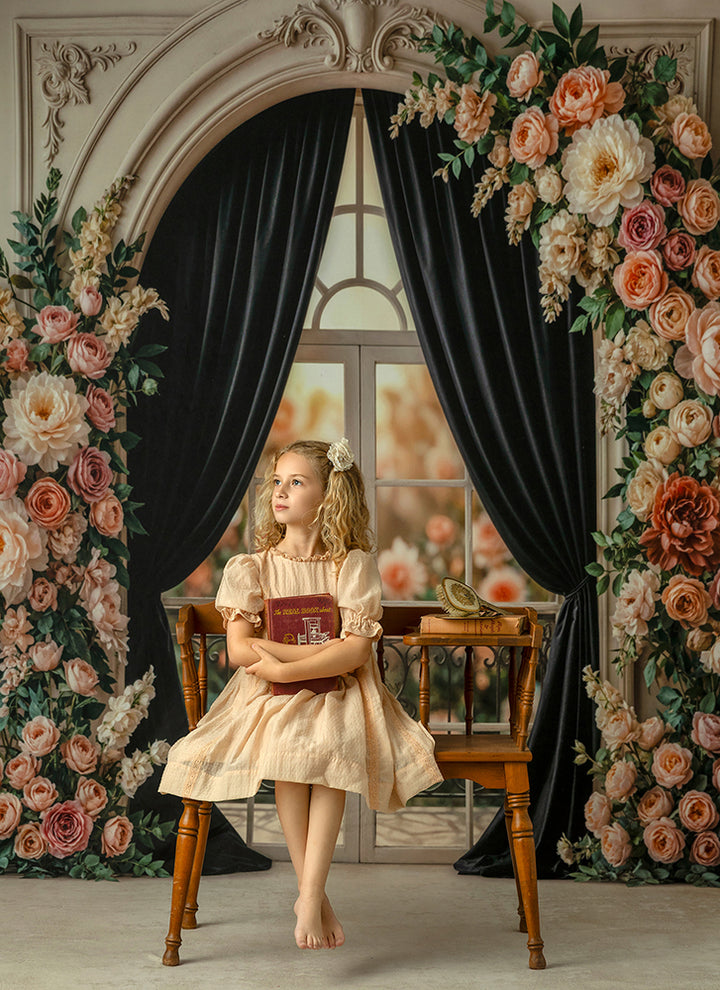 Black Velvet Garden Window Floral Photography Backdrop – Elegant Romantic Portrait Scene | HSD Backdrops
