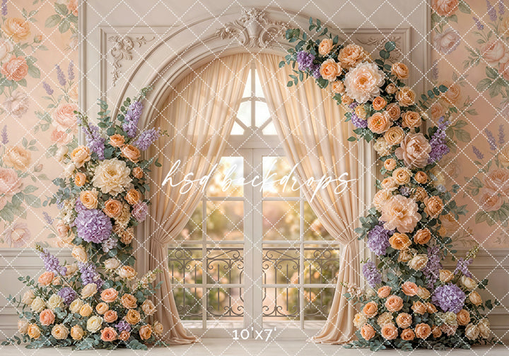 Peach Garden Window Floral Photography Backdrop – Romantic Spring Portrait Scene | HSD Backdrops