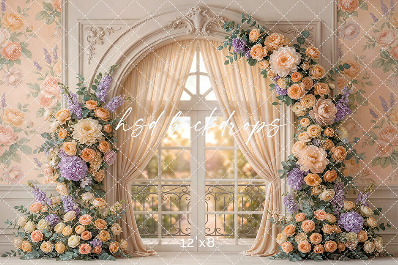 Peach Garden Window Floral Photography Backdrop – Romantic Spring Portrait Scene | HSD Backdrops