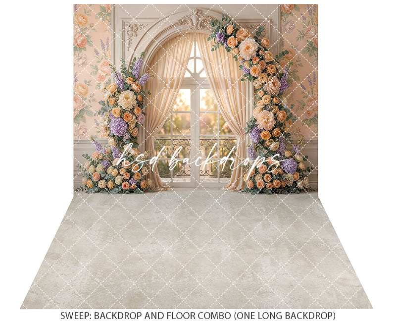 Peach Garden Window Floral Photography Backdrop – Romantic Spring Portrait Scene | HSD Backdrops