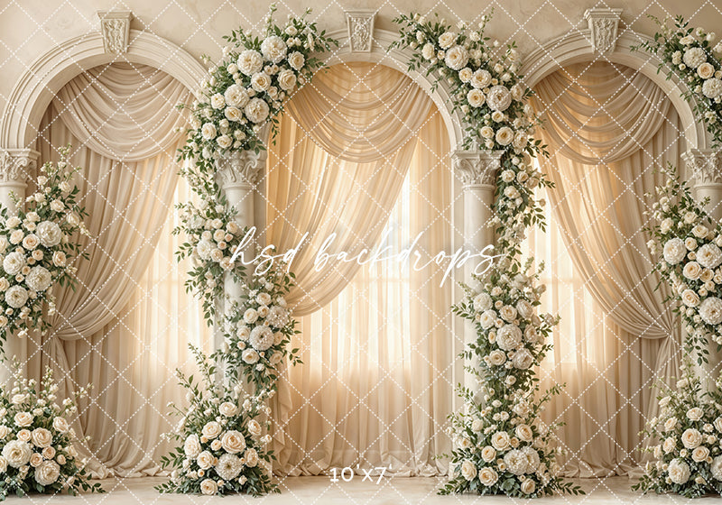 Ivory Floral Column Arch Photography Backdrop – Elegant Wedding Portrait Scene | HSD Backdrops
