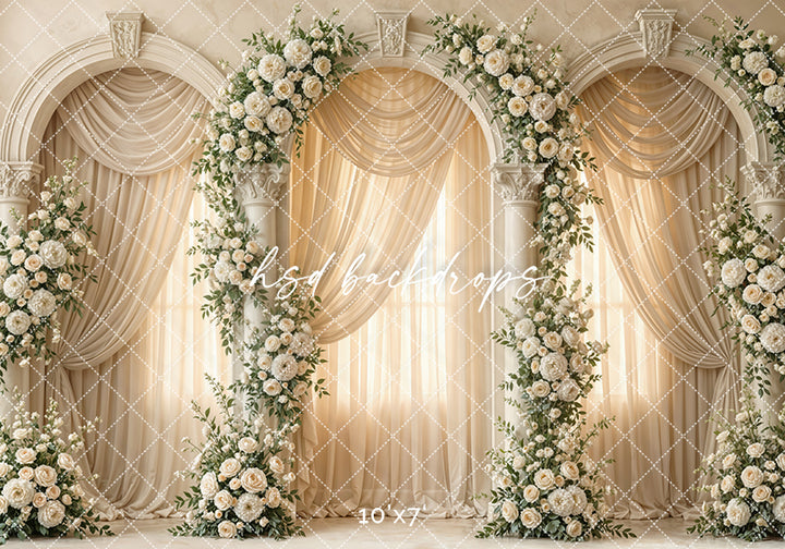 Ivory Floral Column Arch Photography Backdrop – Elegant Wedding Portrait Scene | HSD Backdrops