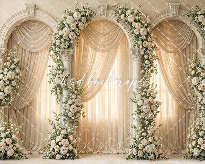 Ivory Floral Column Arch Photography Backdrop – Elegant Wedding Portrait Scene | HSD Backdrops