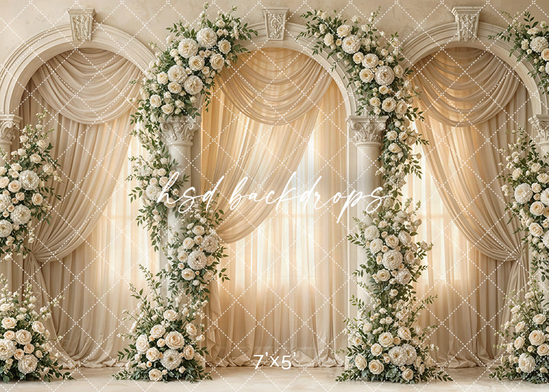 vory floral column arch photography backdrop with cascading roses, greenery, and elegant drapery for Mother’s Day and portrait photography.