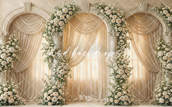 Ivory Floral Column Arch Photography Backdrop – Elegant Wedding Portrait Scene | HSD Backdrops