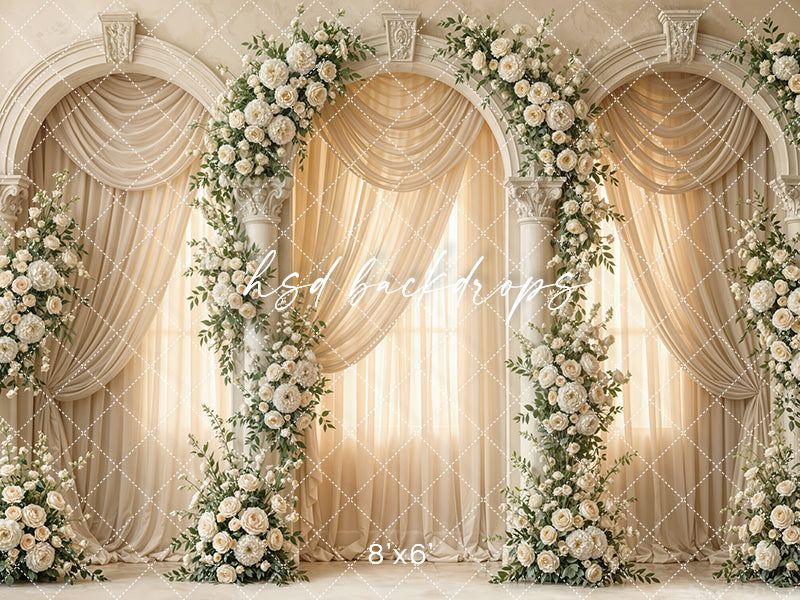 Ivory Floral Column Arch Photography Backdrop – Elegant Wedding Portrait Scene | HSD Backdrops