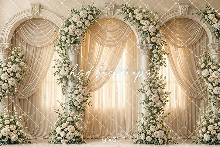 Ivory Floral Column Arch Photography Backdrop – Elegant Wedding Portrait Scene | HSD Backdrops