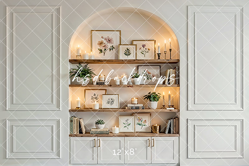 Neutral Candlelit Shelf Nook Photography Backdrop – Elegant Interior Portrait Scene | HSD Backdrops