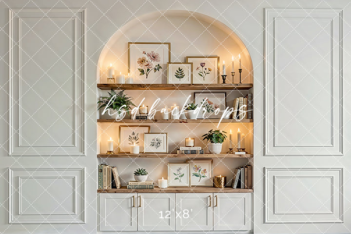 Neutral Candlelit Shelf Nook Photography Backdrop – Elegant Interior Portrait Scene | HSD Backdrops