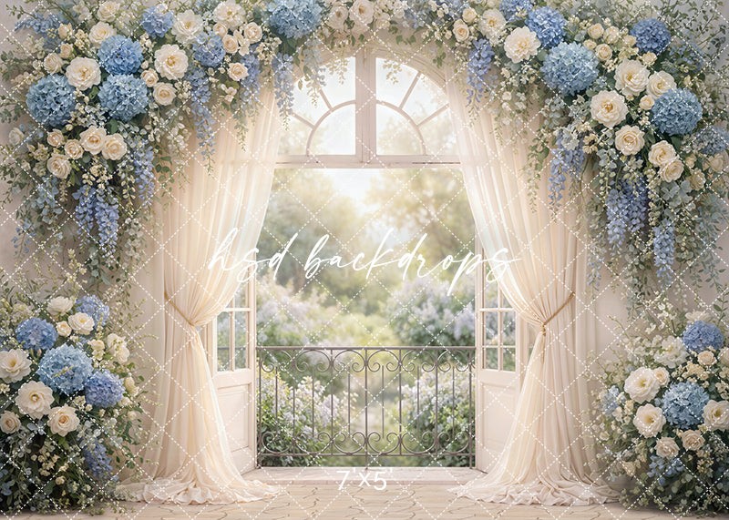 Blue hydrangea garden window photography backdrop with cascading blue flowers, ivory roses, and soft window light for portrait photography.