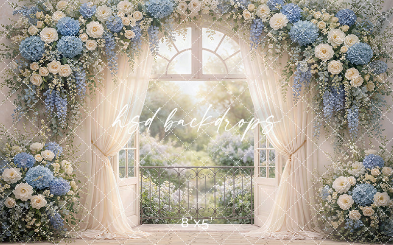 Window Well Backdrops Blue Hydrangea Garden Window Photography Backdrop β Elegant Spring Por ...