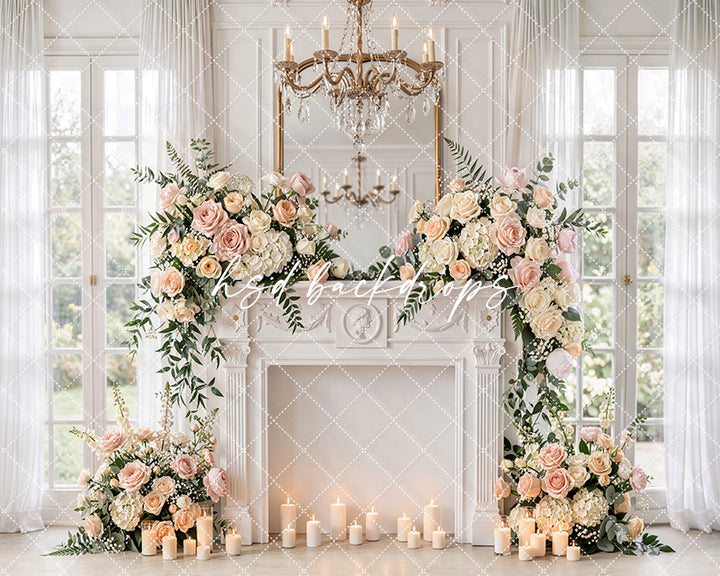 Blush Rose Fireplace Photography Backdrop – Elegant Motherhood Portrait Scene | HSD Backdrops