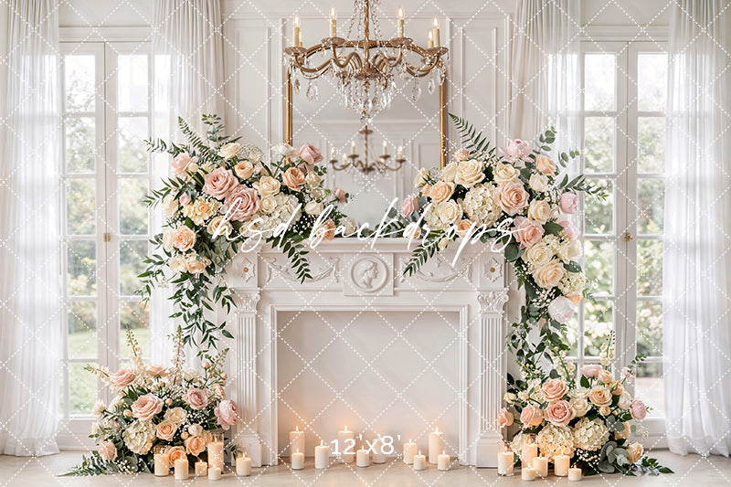 Blush Rose Fireplace Photography Backdrop – Elegant Motherhood Portrait Scene | HSD Backdrops