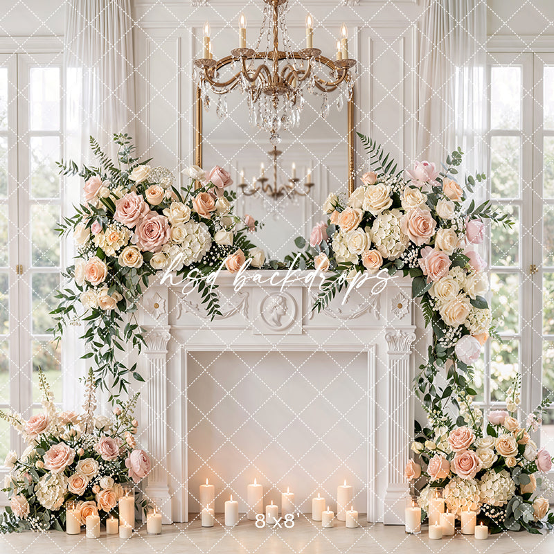 Blush Rose Fireplace Photography Backdrop – Elegant Motherhood Portrait Scene | HSD Backdrops