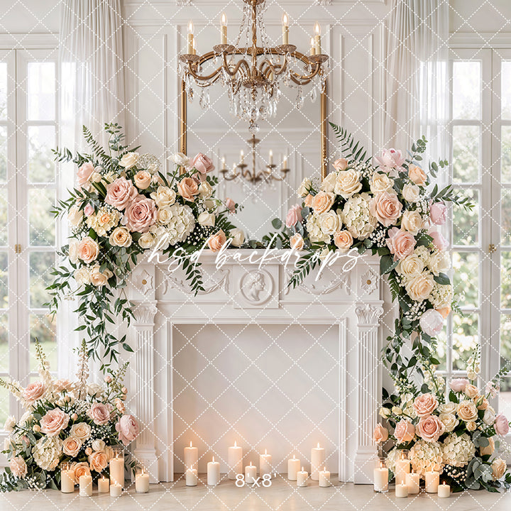 Blush Rose Fireplace Photography Backdrop – Elegant Motherhood Portrait Scene | HSD Backdrops
