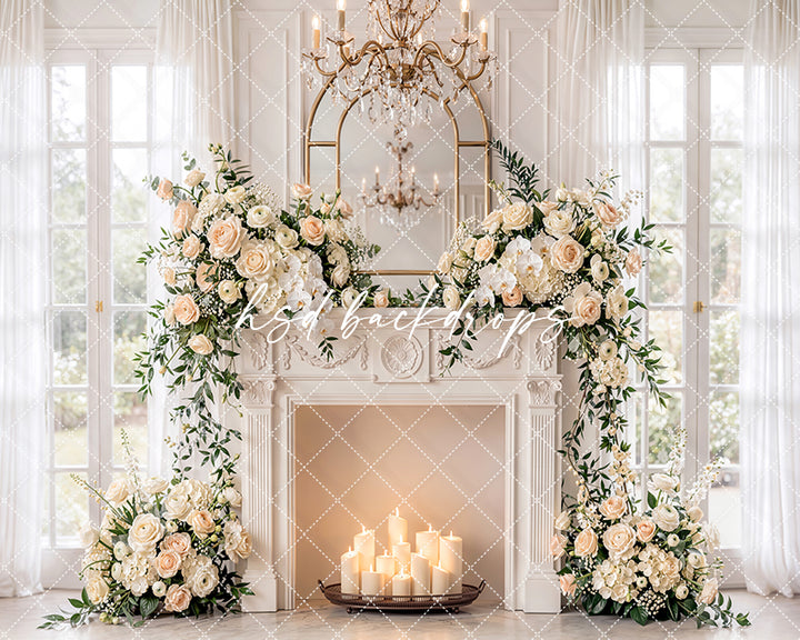 Ivory Rose Fireplace Photography Backdrop – Elegant Maternity Portrait Scene | HSD Backdrops