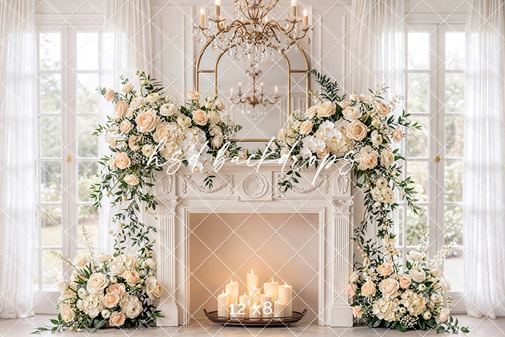 Ivory Rose Fireplace Photography Backdrop – Elegant Maternity Portrait Scene | HSD Backdrops