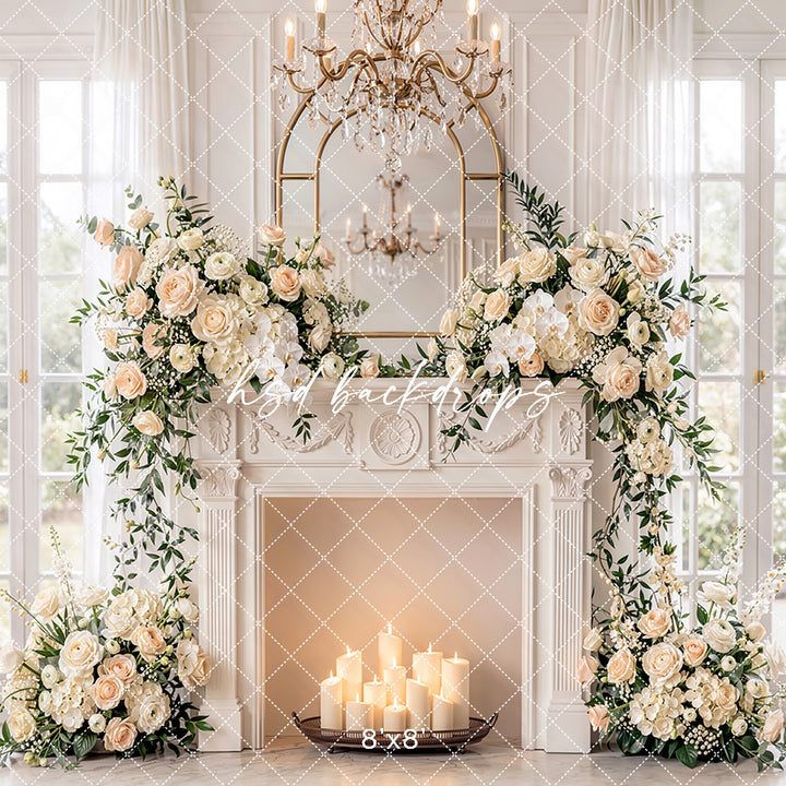 Ivory Rose Fireplace Photography Backdrop – Elegant Maternity Portrait Scene | HSD Backdrops