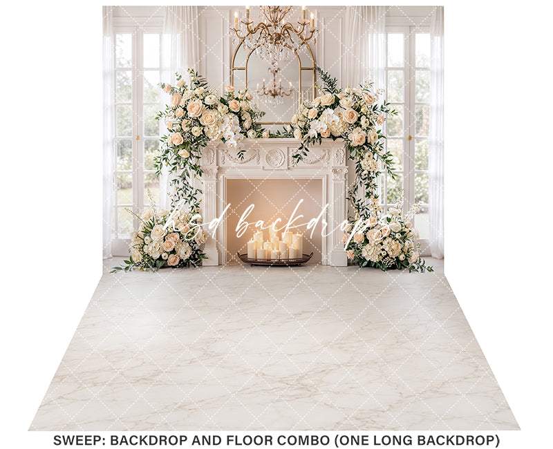 Ivory Rose Fireplace Photography Backdrop – Elegant Maternity Portrait Scene | HSD Backdrops