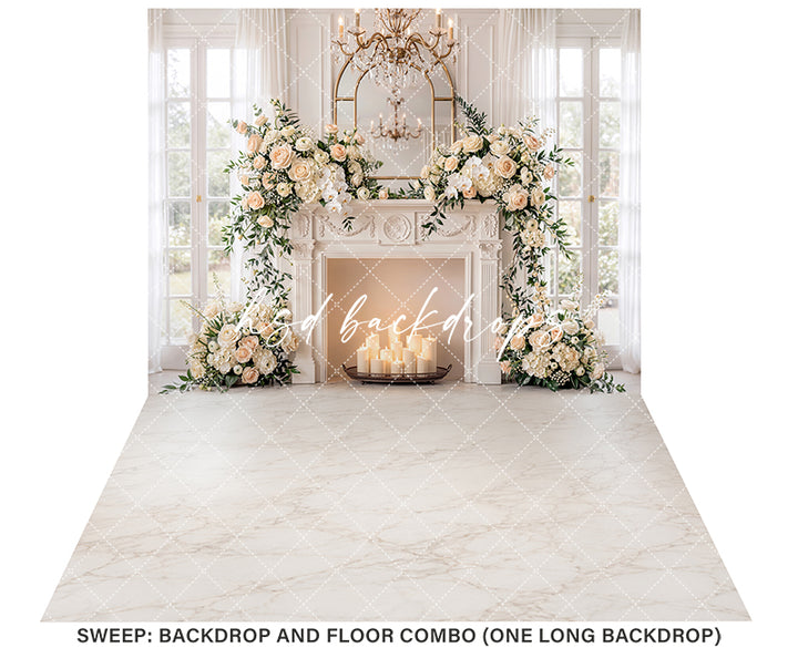 Ivory Rose Fireplace Photography Backdrop – Elegant Maternity Portrait Scene | HSD Backdrops
