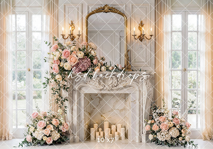 Vintage rose fireplace photography backdrop with ornate white fireplace, antique gold mirror, glowing candles, soft curtains, and blush floral arrangements for fine art studio portraits.