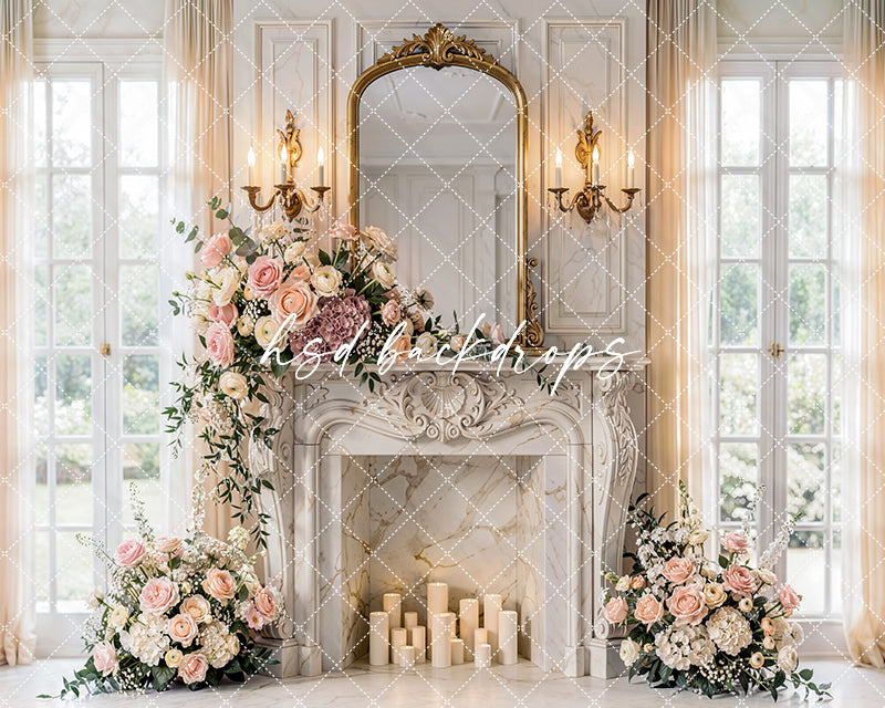 Vintage Rose Fireplace Photography Backdrop – Fine Art Studio Portrait Scene | HSD Backdrops
