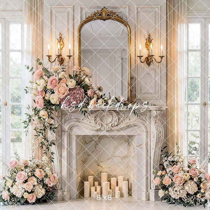 Vintage Rose Fireplace Photography Backdrop – Fine Art Studio Portrait Scene | HSD Backdrops